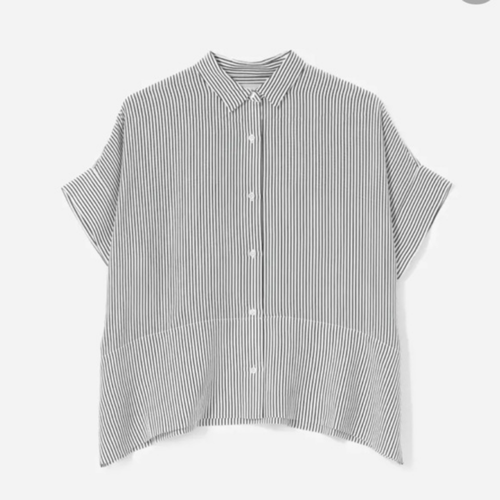NWT Everlane silk short sleeve square button down shirt black / white stripe 00